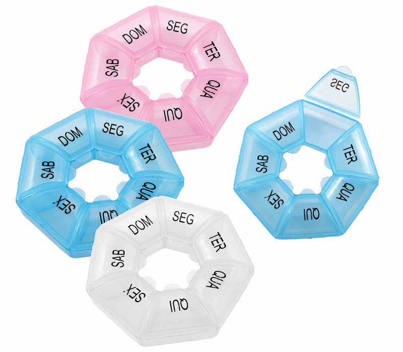 PORTA COMPRIMIDOS SEMANAL COM 7 DIVISORIAS EM PLASTICO, ?8,5CM