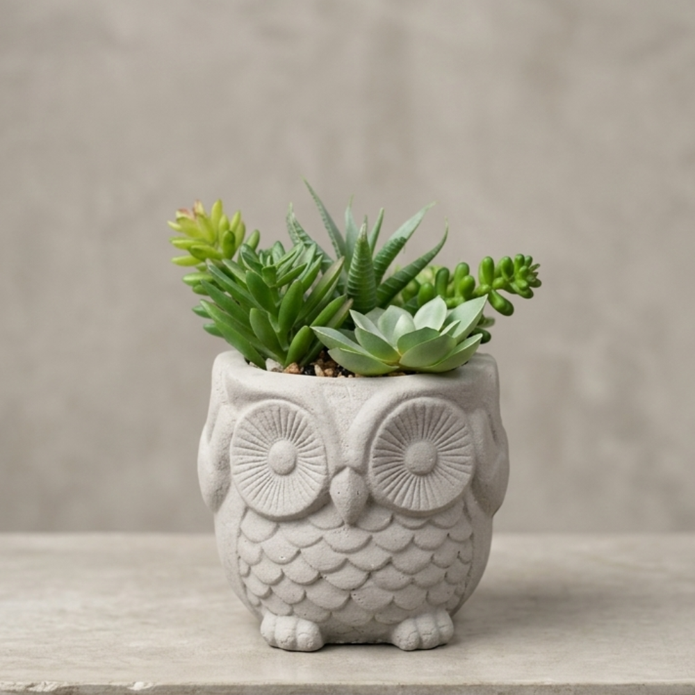 VASO CIMENTO CORUJA C FLOR ARTIFICIAL