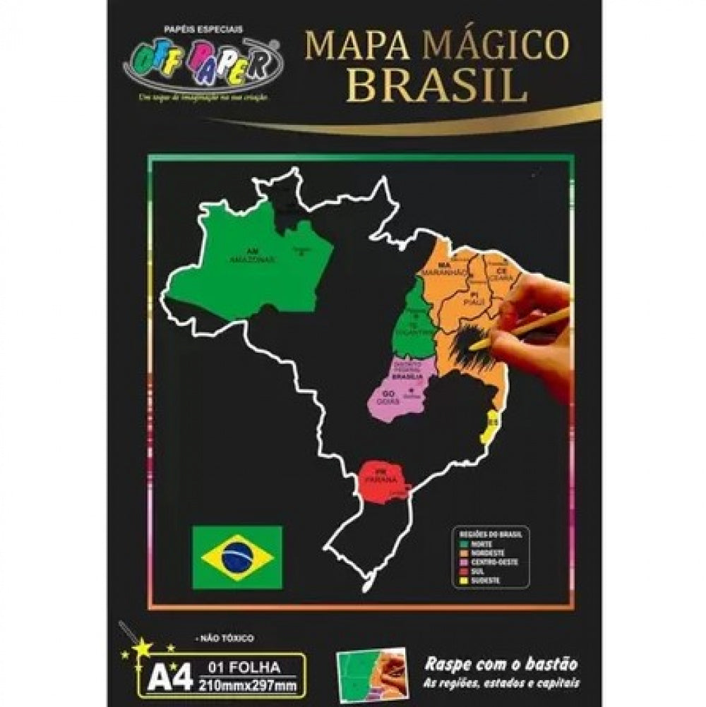 Papel Mágico Mapa Brasil A4 1 Folha Com Bastão - Off Paper