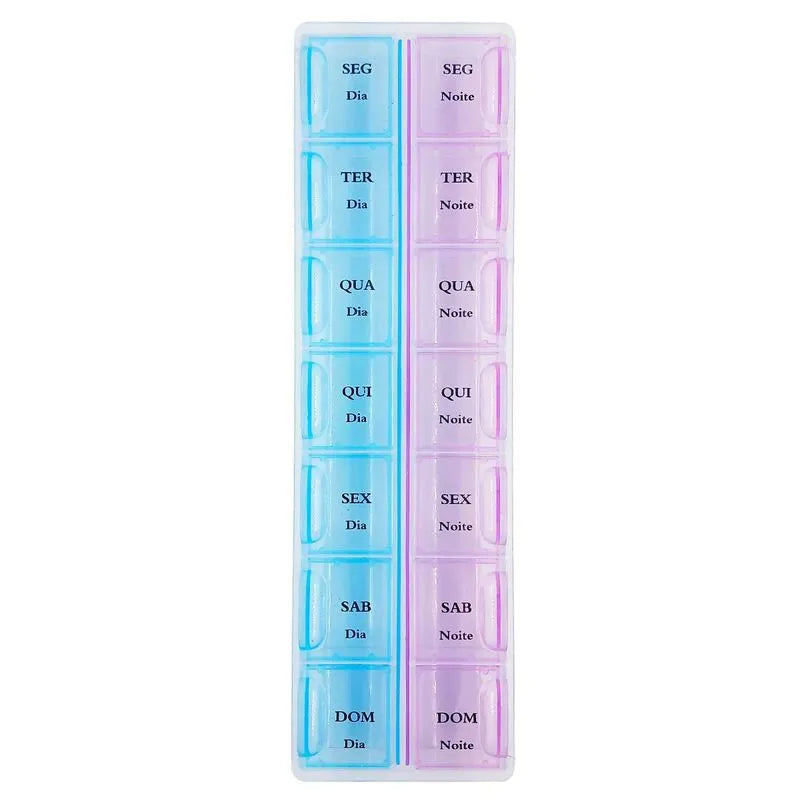 PORTA COMPRIMIDOS COM 14 DIVISORIAS EM PLASTICO, 21.5*6CM