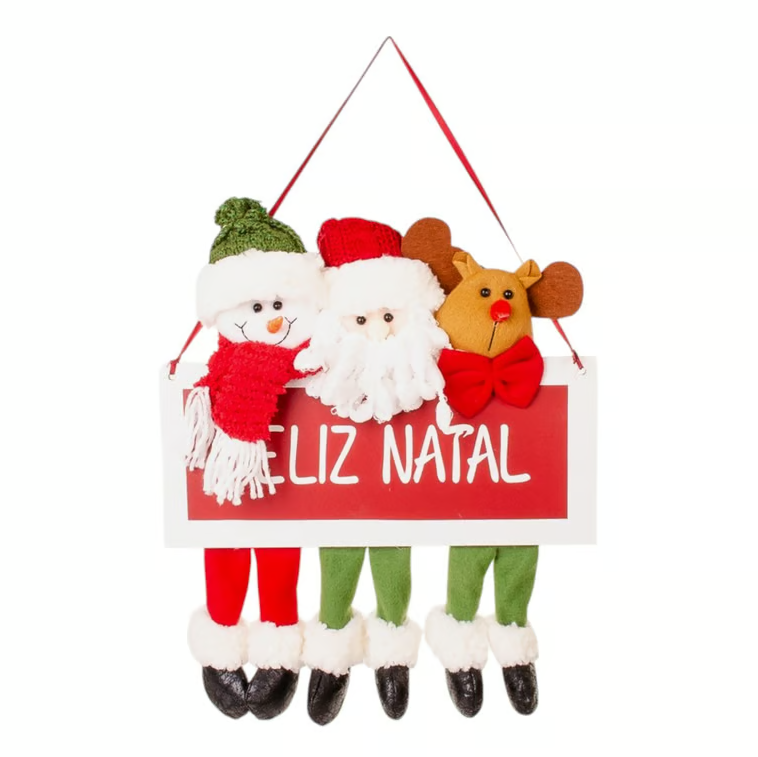 GUIRLANDA FELIZ NATAL 42X34 CM PAPAI NOEL / BONECO DE NEVE E RENA GORRO TRICÔ