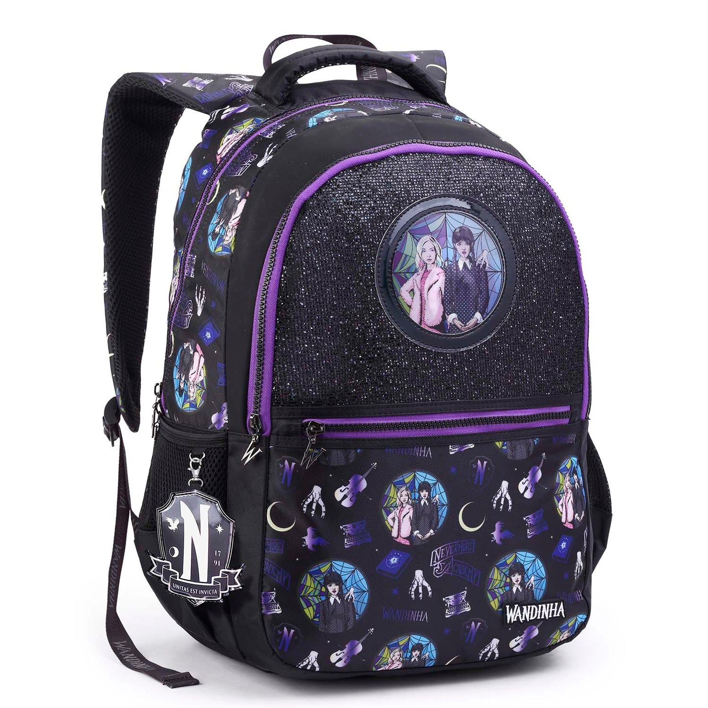 MOCHILA DE COSTAS WANDINHA E ENID COM GLITTER