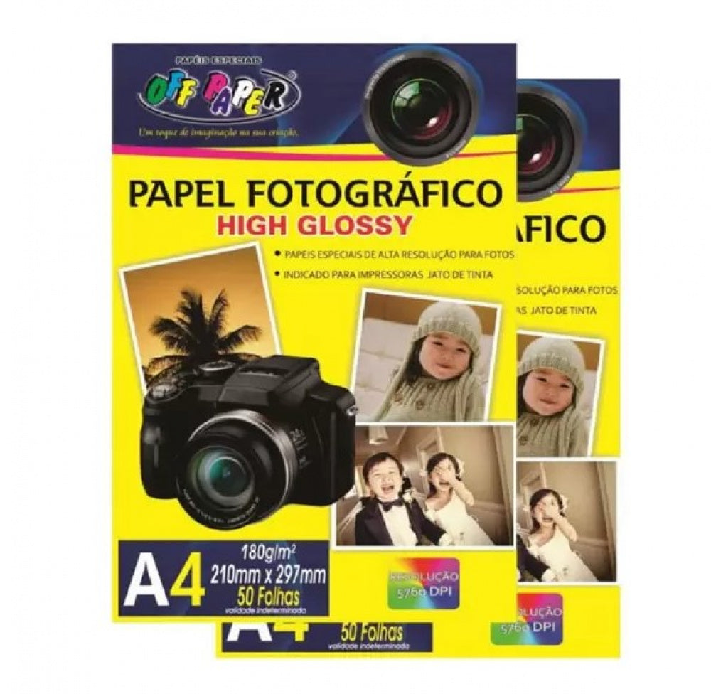 Papel fotográfico high glossy a4 180g pacote com 50 folhas a prova d'agua resolução 5760 dpi marca off paper