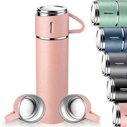KIT GARRAFA TERMICA INOX 500ML + 3 XICARAS (ROSA)