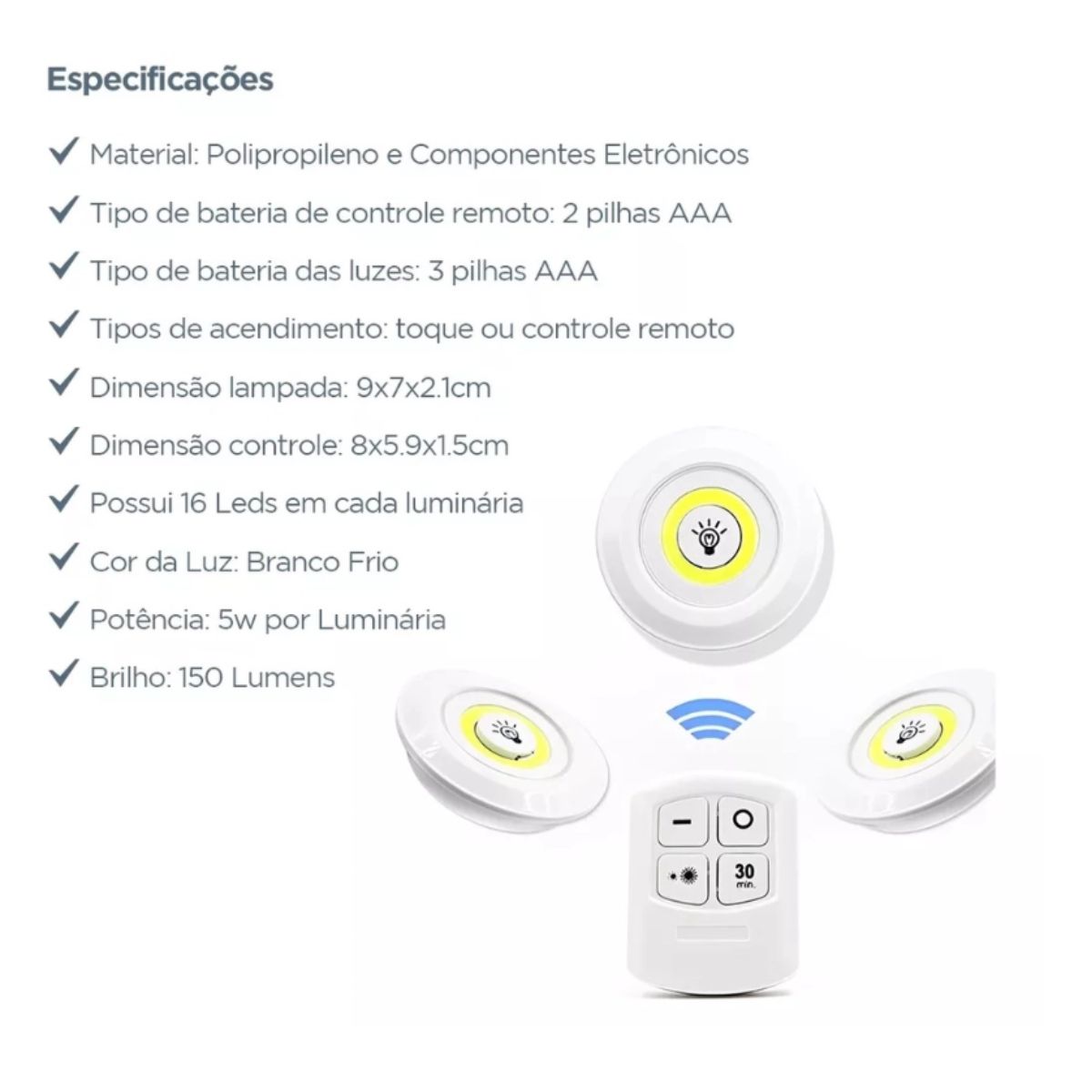 Luminária Kit 3 Lâmpada Led Spot Sem Fio Controle Remoto