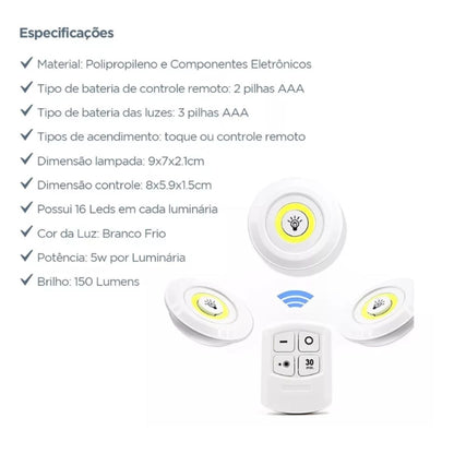 Luminária Kit 3 Lâmpada Led Spot Sem Fio Controle Remoto