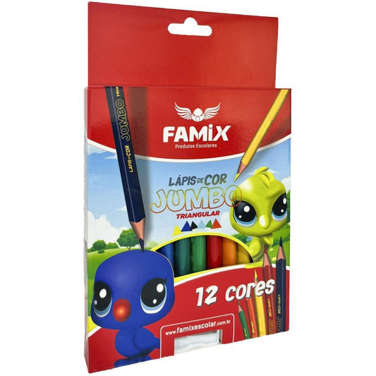 LAPIS DE COR FAMIX JUMBO 12 CORES - TRIANGULAR TAM.: 12,5cm C/ APONTADOR SEM DEPOSITO