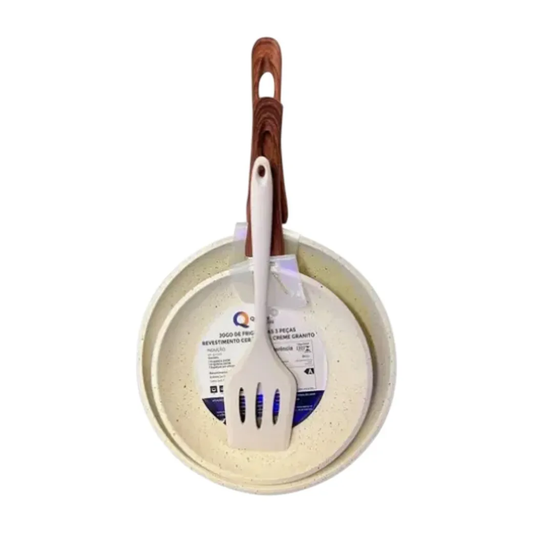 JOGO DE FRIGIDEIRAS 3 PECAS REV CERAMICO 20CM 24CM + ESPATULA SILICONE CREME GRANITO (12)