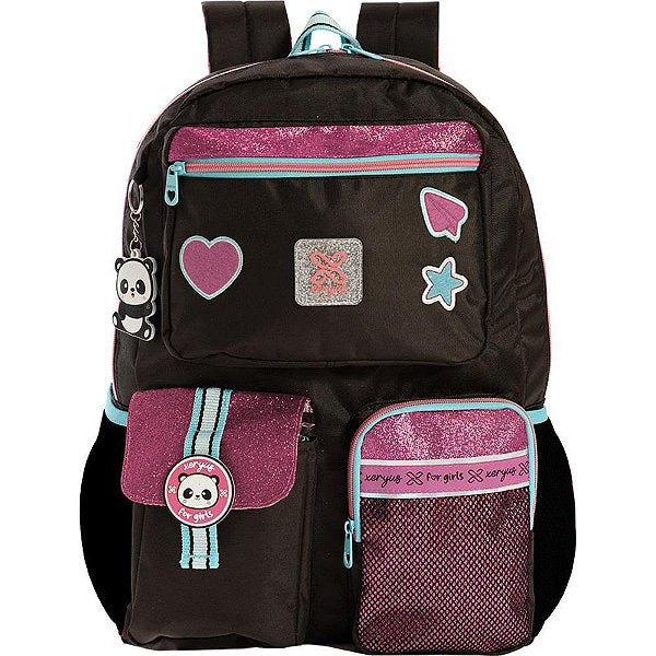 Mochila Utility Panda Preta 16" com Pockets e Chaveiro