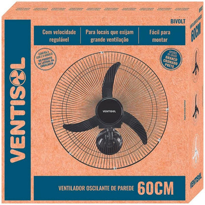 Ventilador de Parede Oscilante, 3 Pás Premium, Cromado, 60cm, Bivolt Ventisol