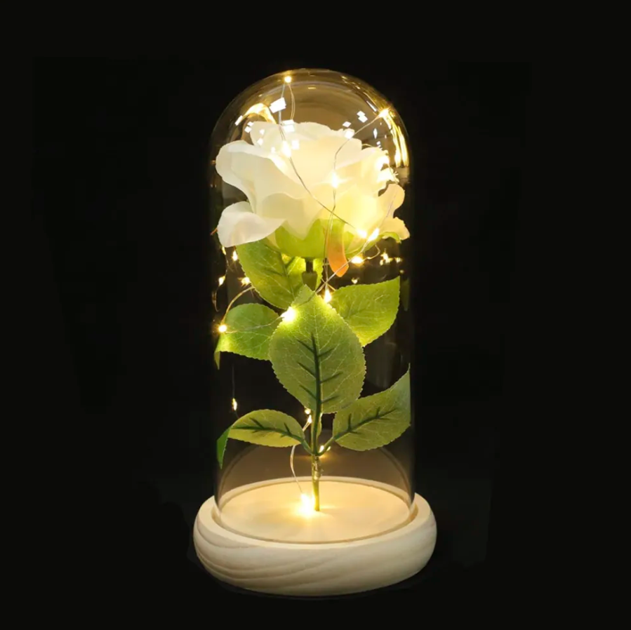 ENFEITE CUPULA COM FLOR TECIDO + MICRO LED E BASE DE MADEIRA A PILHA 21,2X10,8CM